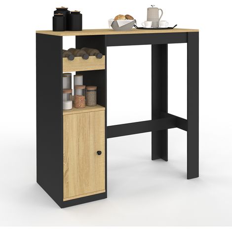 Idmarket – Table de bar AMERI bois et noir – 2 personnes – Placard et range-bouteilles – Dimensions 100x48x103 cm – Meuble design pour petits espaces