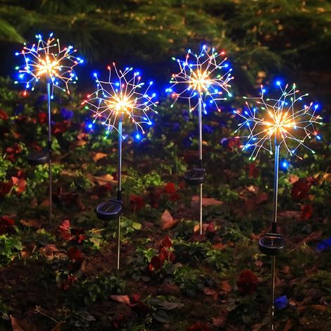 4 Pack 600LED extérieur sol solaire inséré feux d'artifice colorés, imperméable cour atmosphère lumières décoratives, 8 modes chemin lampe. (1/5)
