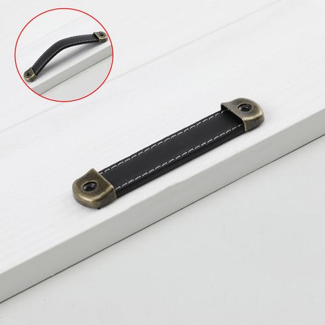 Poignee en Cuir 6 Pièces Meuble Poignées de Tiroirs Placards Cuir Poignée de Porte de Meubles Cuisine Tire Boutons avec Vis Poignee Cuirpour Salle de Bain Armoires de Cuisine Et Porte(Cuir noir, espac (1/4)