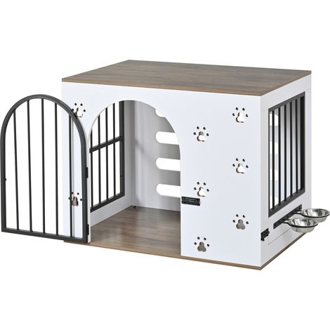 Hundekäfig-Möbel 80x55x64 cm aus MDF und Metall, weiß, mit Näpfen – MEUBLIV (1/5)