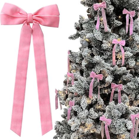 12 noeuds en ruban de velours rose, décorations de sapin de Noël, ornements de Noël de 5 pouces x 8,6 pouces, noeuds en velours vintage pour sapin de Noël, couronne de porte d’entrée (1/4)