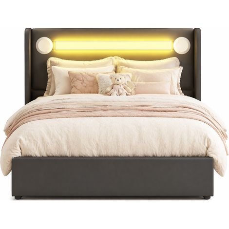 Letto per Bambini 90 x 200 cm, Contenitore Idraulico, LED, Bluetooth e 2 USB, senza Materasso, Nero (1/5)