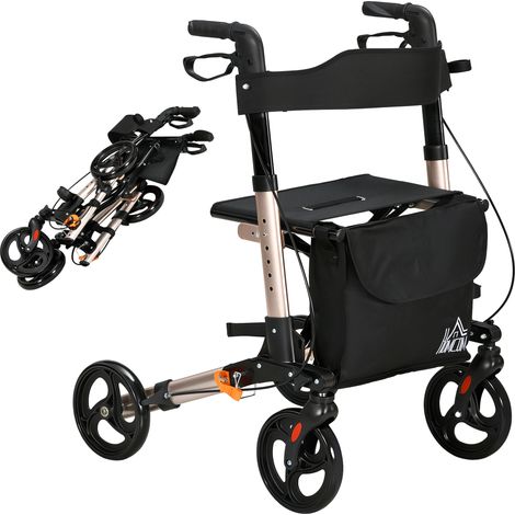 Déambulateur 4 Roues Pliable en Aluminium. Hauteur Réglable 6 Positions. Freins Doubles. Rangement. 64 x 67 x 92 cm. Doré