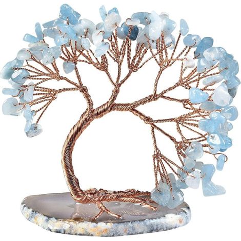 Arbre décoratif en pierre aigue-marine, arbre à argent en cristal pour décoration intérieure