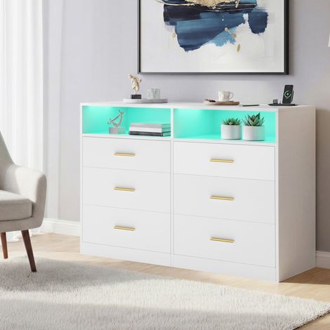 Commode Moderne avec Station de Charge et Éclairage LED, 6 Tiroirs, pour Chambre, Salon, Blanc (1/5)