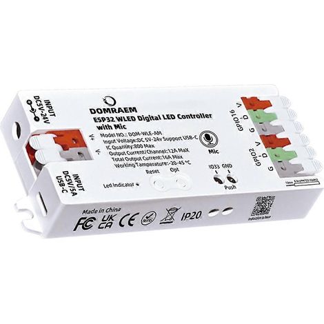 Contrôleur de bande LED numérique DOMRAEM ESP32 WLED avec microphone, alimentation DC5-24V, 16A, 0,5W en veille, compatible avec plus de 100 LED (WS2811/14/05), blanc. (1/5)