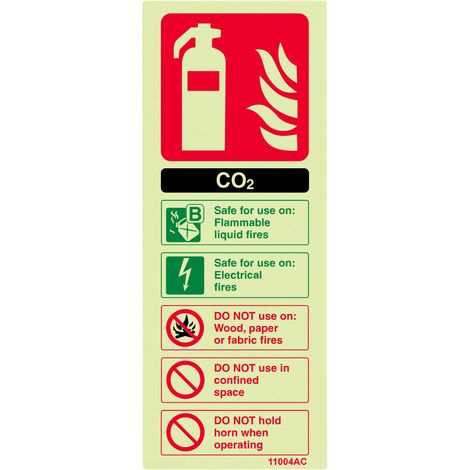 Panneau extincteur, carte d'identité de CO2, Glow in the Dark 1 mm en plastique, Portrait, 75 mm x 200 mm, noir/vert/rouge (1/5)