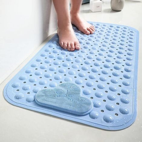 80 x 50 cm Bleu Tapis de Douche Antidérapant Avec Ventouses, Confortable Massage, Lavable en Machine