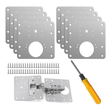 8 pièces Kit de réparation de charnière en acier inoxydable pour armoires de cuisine en bois et portes, avec vis et outils de montage. (1/5)