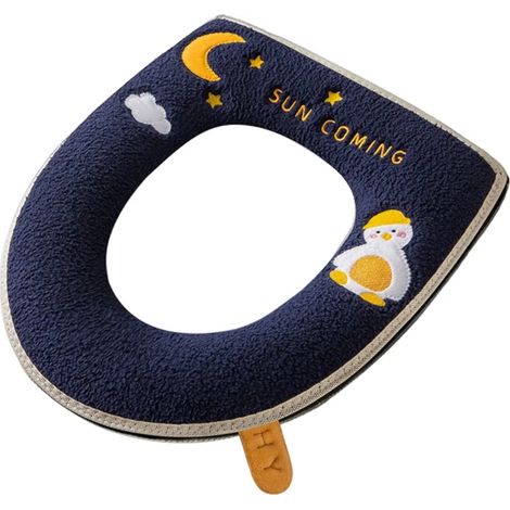 Housse de siège de toilette ultra-douce et chaude, motif canard et lune brodés, fermeture éclair intégrale, tapis de toilette moelleux avec poignée pour usage domestique - bleu (1/2)