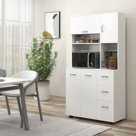 Buffet haut de cuisine 89 x 39,5 x 168 cm, blanc, 3 tiroirs, 3 étagères, meuble de rangement avec étagères réglables (1/5)