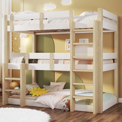 Lit superposé triple 90x190 cm pour enfants et adultes avec 2 échelles et barrières Sans matelas Pin MDF Blanc et Naturel (1/5)