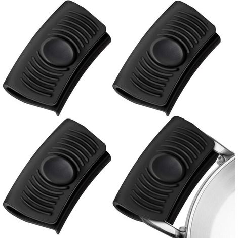 2 Paires de Support de Poignée(Noir) en Silicone d'Assistance Poignée de Pot Isolée Thermiquement Support Couvercle Manchons Maniques de Poignée Chaude pour Casseroles Assiettes (1/4)