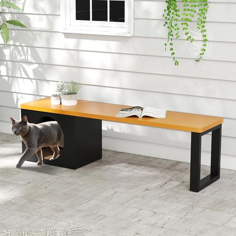 GOPLUS Banc de Jardin Exterieur 3 Personnes avec Grotte Chat Griffoir, 2 Portes, Banc Interieur avec Niche Chat Résistant aux Intempéries sans Dossier, pour Balcon, Entrée, Parc, Charge 450 kg (1/5)