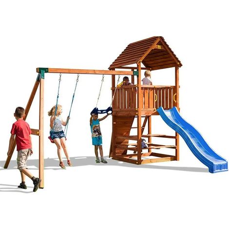 Parco giochi con altalena e tavolo da picnic in legno Fungoo JOY MOVE + STEP ON FREE TIME gioco in legno per giardino