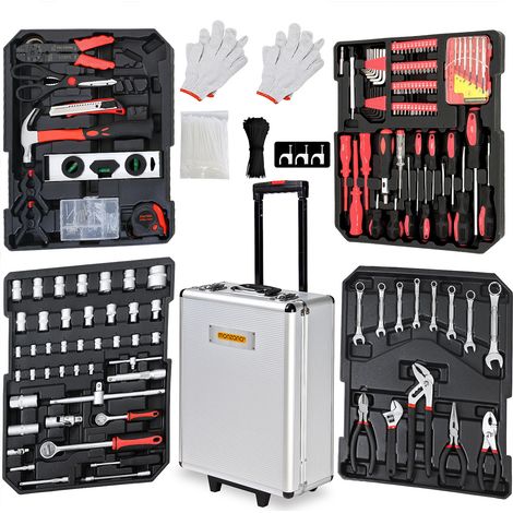 Monzana® XXL Mobile Tool Box Trolley 899-Piece High-Quality Tool Set, Rollers and Telescopic Handle Silver Tool Chest with Various Accessories (1/5)