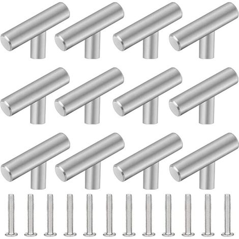 Lot de 12 Poignée Meuble Cuisine,50mm Poignée de Meuble Inox en Forme de T,Barre de Tiroir, Placards, Portes, Meubles, Salle de Bain, Chambres & Armoires
