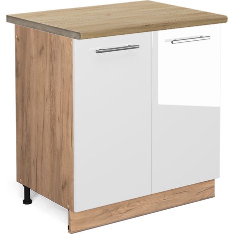 Armario bajo para fregadero Fame-Line, Blanco alto brillo, 80 cm , ET Roble, Vicco