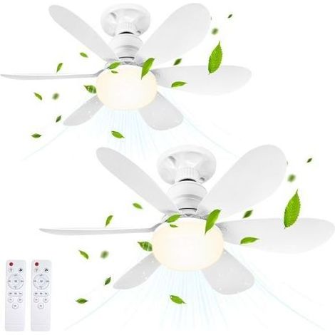 Lot de 2 ventilateurs de plafond avec lumière et télécommande, petit ventilateur de plafond LED à intensité variable de 52 cm avec douille E27