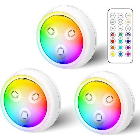 Lot de 3 spots LED RVB à piles avec télécommande, 13 changements de couleur, éclairage d'armoire, éclairage de vitrine à intensité variable, sans fil, lampe tactile LED, minuteur, lampe sous (1/5)