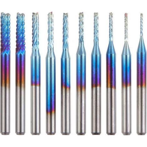 10 Stück Nano-Blau-Beschichtung CNC-Fräser, 0,8–3,175 mm, 1/8-Zoll-Schaft (1/4)