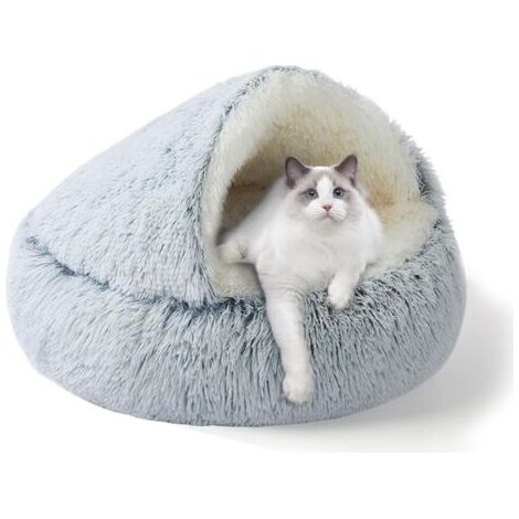 QORVA-Panier d'intérieur pour chat, niche en peluche avec capuche pour chiot, petit panier pour chien, amovible et lavable, antidérapant, auto-chauffant, rond, fausse fourrure moelleuse