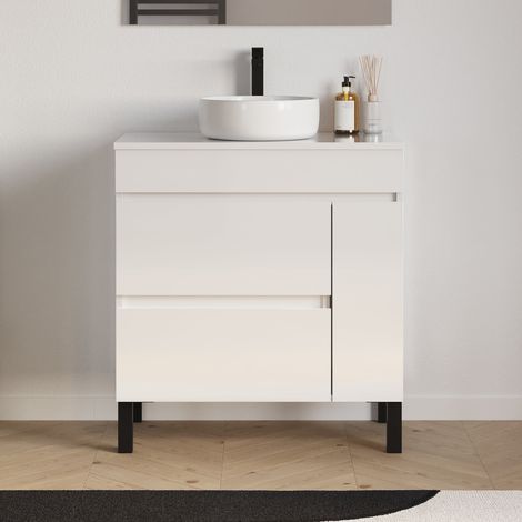Meuble de salle de bain 70cm avec plateau et vasque à poser ronde - porte et tiroirs - sans miroir - blanc brillant - LAZARO (1/5)