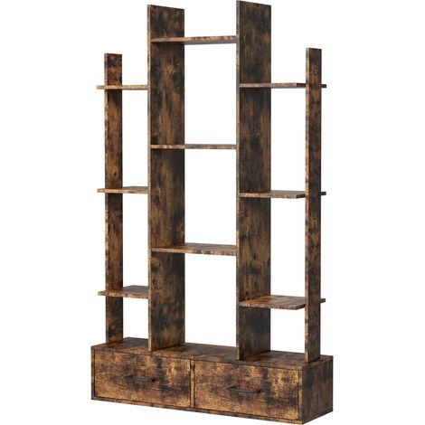Bibliothèque industrielle avec 2 tiroirs et 12 étagères ouvertes en bois brun (1/5)