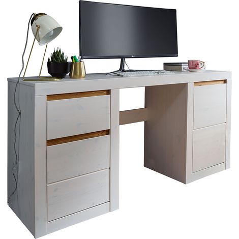 Büro Schreibtisch Massivholz WILSON-69 in Kiefer massiv weiß, B/H/T: ca. 155/75/49,5 cm (1/5)