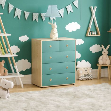 Commode Neptune 5 tiroirs pour chambre meuble de rangement pratique, Bleu-Chêne