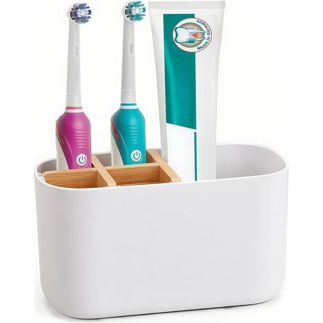 1 - Porte-brosses à dents - Organisateur de salle de bain - 5 compartiments pour brosses électriques et dentifrice - Design moderne sans perçage - Noir - 18x10x8cm