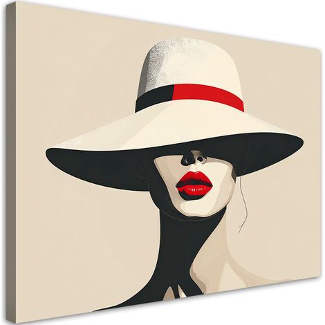 Stampe su Tela, Una donna con un cappello bianco e labbra rosse - 60x40 (1/2)
