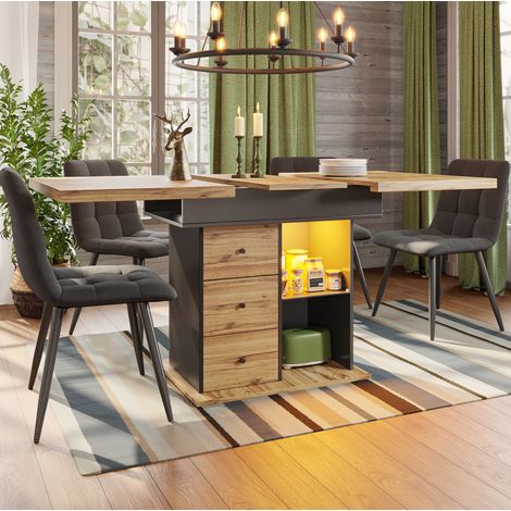 Tavolo da pranzo allungabile 110-140x80x75 cm, illuminazione LED smart, contenitore con cassetti, MDF nero e naturale (1/5)