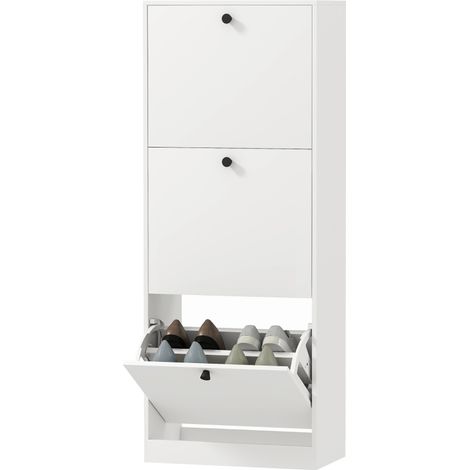 Schmale Schuhkommode mit 3 Klappen, weiß, 47 x 26 x 120 cm (1/5)