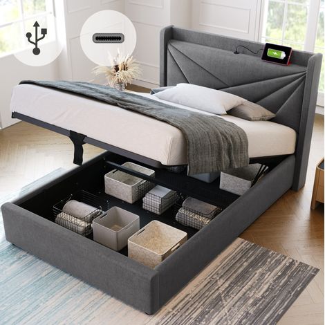 Letto singolo 90x200 cm in tessuto grigio, con contenitore per cameretta, senza materasso - FLORAGRACE (1/5)