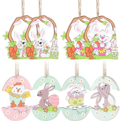 12 décorations de Pâques en bois à suspendre, lapin et (1/5)