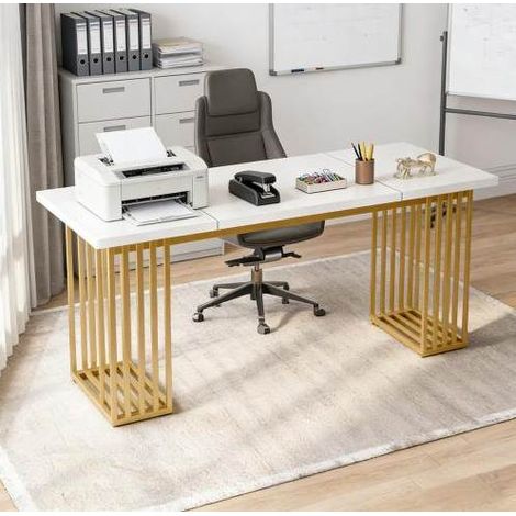 MEUBLIV Bureau 180 cm blanc et or – plateau en bois, sans matelas (1/5)