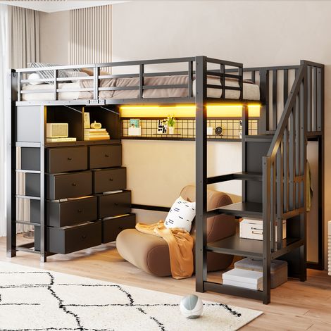 Lit mezzanine enfant 2 places 90 x 200 cm en métal noir, 8 tiroirs, escalier avec armoire, 2 étagères, panneau perforé, LED 7 couleurs, garde-corps (1/5)