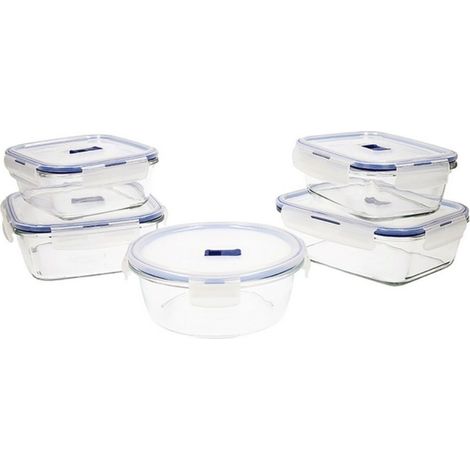 Luminarc Pure Box Active Set di 5 contenitori ermetici in Vetro, Extra Resistenti, Senza BPA, valvola per microonde, Trasparente (1/5)