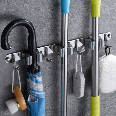 Support de balai mural - Acier inoxydable - Couleur gris - Antirouille - Peu encombrant (1/4)