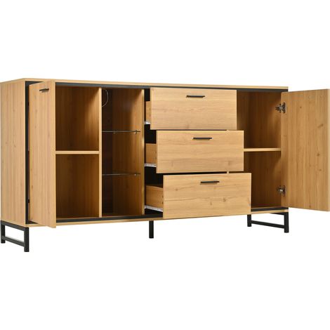 ELVMI Buffet et Enfilade avec 3 Tiroirs, Étagères Réglables et LED, pour Salle à Manger, en Panneau de Particules, 160×40×85 cm, Naturel (1/5)