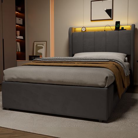 Cama hidráulica con almacenamiento 217x111x99 cm de terciopelo gris oscuro con LED y base de carga (1/5)