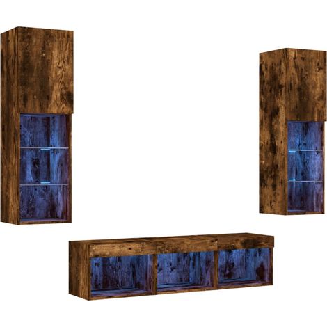 Mobile TV multimediale mensola TV credenza TV sala da pranzo soggiorno camera da letto con LED 5 pezzi rovere affumicato legno ingegnerizzato marrone 020029408