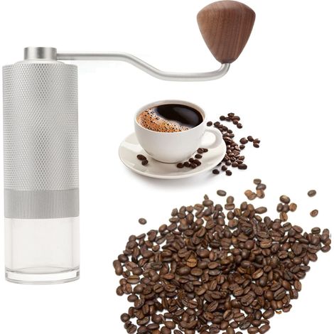 Tragbares Kaffeemühlen-Geschenkset mit Handkurbel, manuelle Kaffeemühle aus Edelstahl, weiß mit transparentem Fach. (1/5)