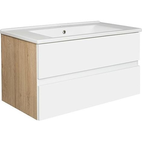 Meuble sous-vasque+ vasque en céramique EGAN blanc mat/chêne cendré 2 tiroirs 853x466x455mm (1/3)