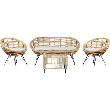 Set divano 4 posti Rattan Beige chiaro Cuscino in tessuto di cotone Resistenza media Interno Esterno Naturale con tavolino Maratea