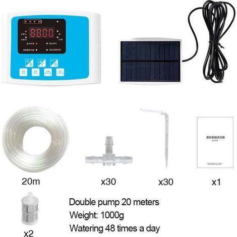 1 système d'irrigation goutte-à-goutte, pompe double, panneau solaire intégré, pour jardin et pots, jusqu'à 20 plantes (1/4)