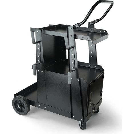 Chariot de soudage 2 étages, capacité 120 kg, roues pivotantes 360°, armoire verrouillable antivol, chaînes de sécurité pour bouteille, idéal pour postes TIG, ARC et plasma. (1/5)