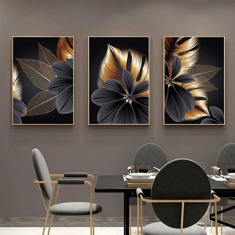 Lot de 3 affiches sur toile - Motif : feuille de plantes - Noir - Impression moderne - Décoration murale - Peinture murale 3040cm-Triomphe (1/5)