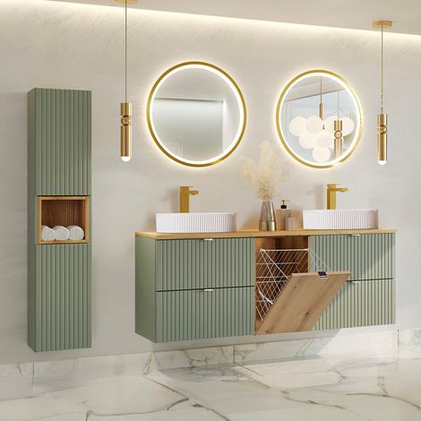 Mueble lavabo doble 160cm con cesta de ropa y pilar verde jade y madera - Lavabos redondos (1/4)